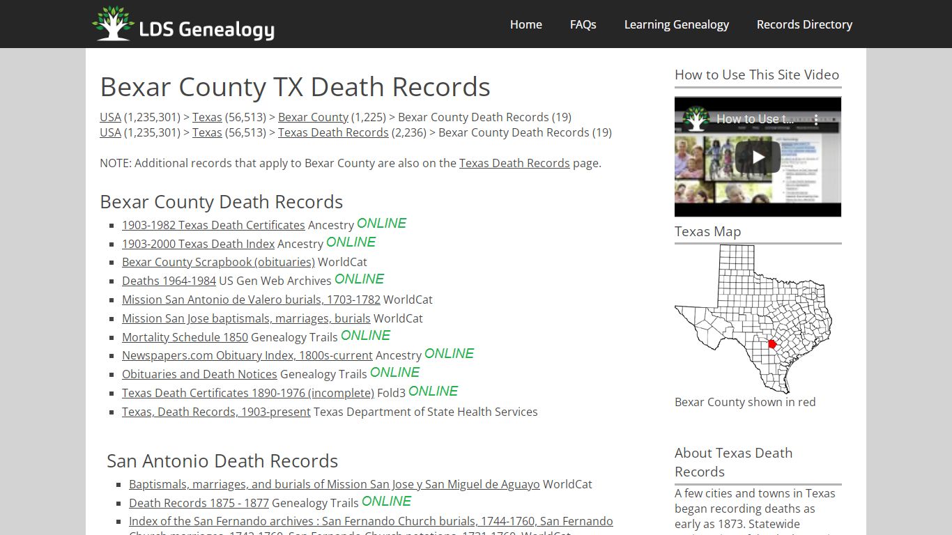 Bexar County TX Death Records - LDS Genealogy